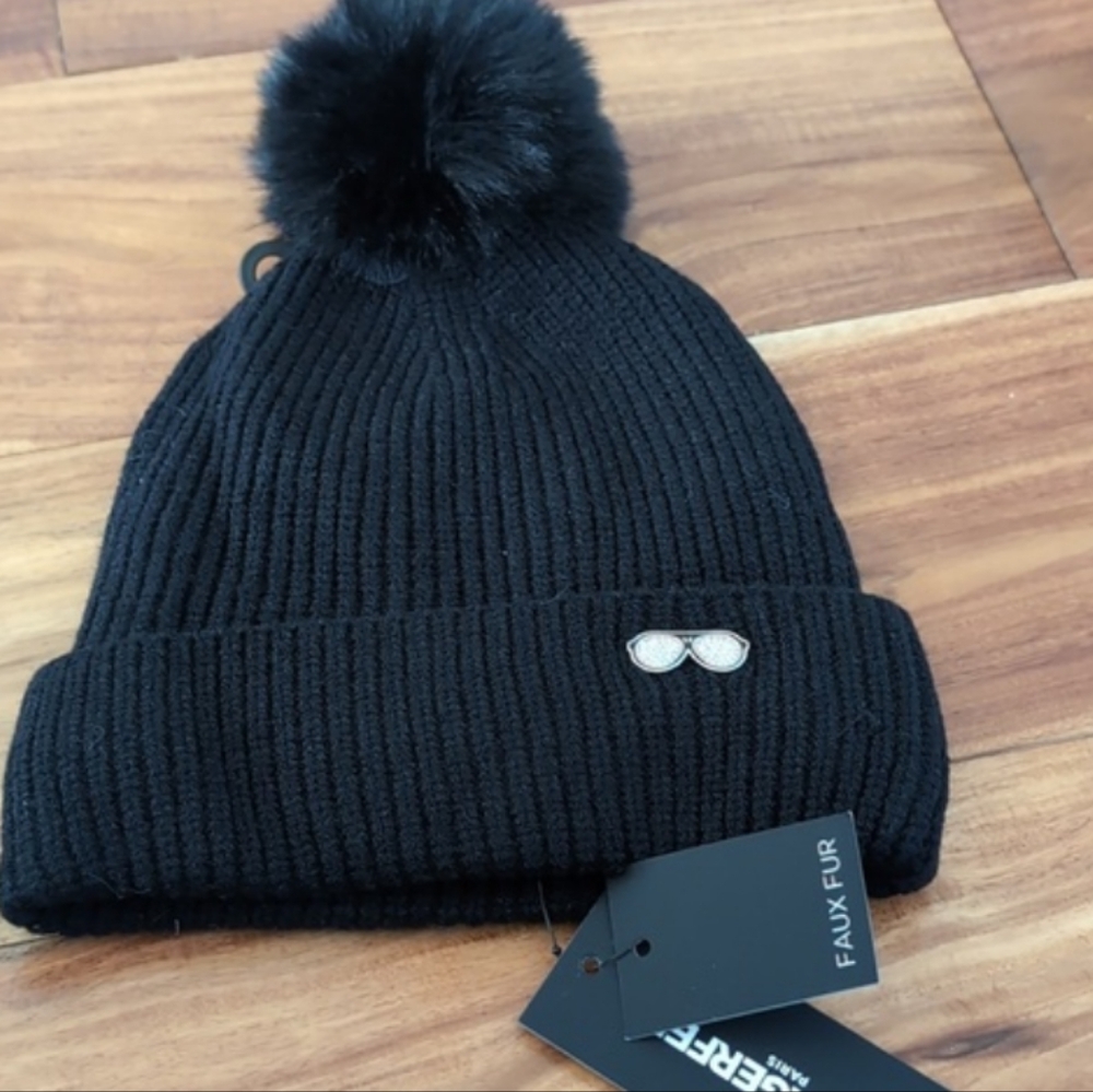 Karl Lagerfeld Paris Embroidered Faux Fur Lined Pom Pom Hat New in Package